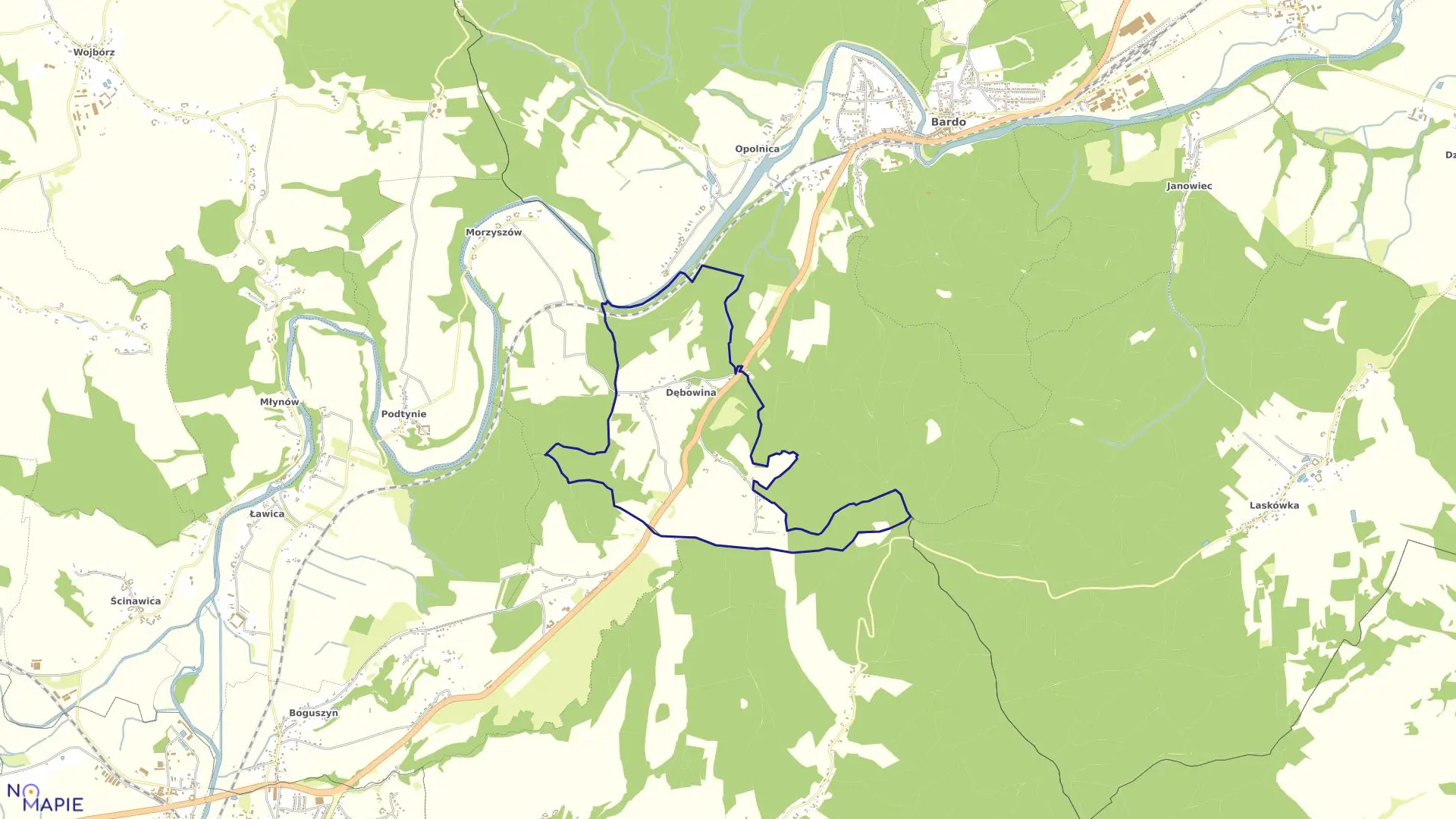 Mapa obrębu DĘBOWINA w gminie Bardo